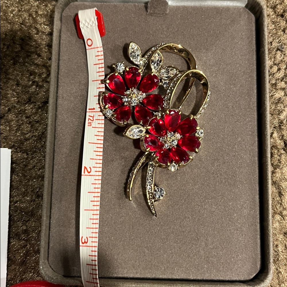 Nolan Miller Ruby Red Gossamer Flower and Gold Floral Brooch - Picture 6 of 7